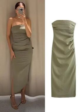 Zara Strapless Olive Midi Dress with Side Slit